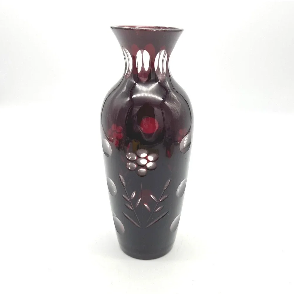 Vintage Bohemian Ruby Red Cut to Clear‎ Floral Glass Vase 7 Inch Cranberry